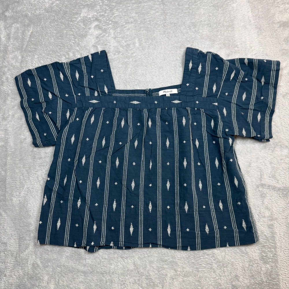 Madewell Square Neck Top Womens M Blue Ikat Stripe Short Sleeve Cotton Boho Y2K